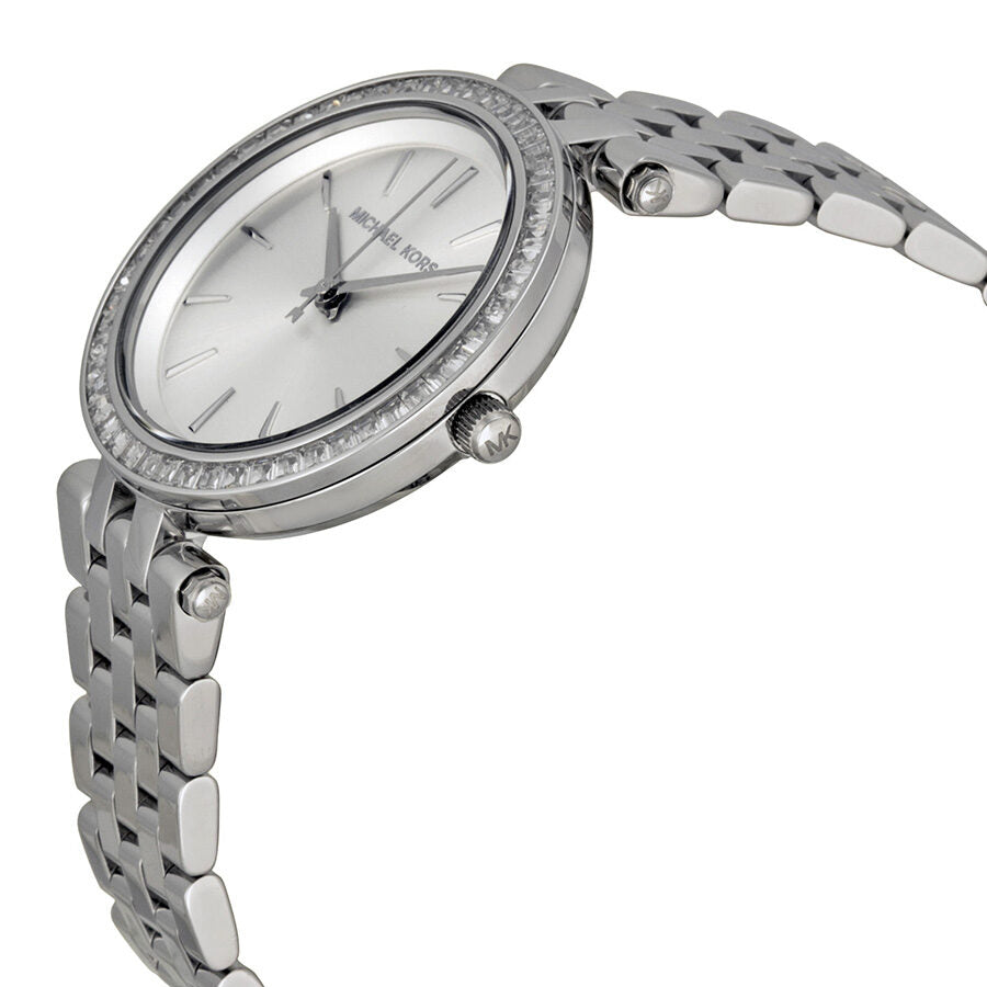 Michael Kors Petite Darci watch angled view showing silver dial and steel bracelet