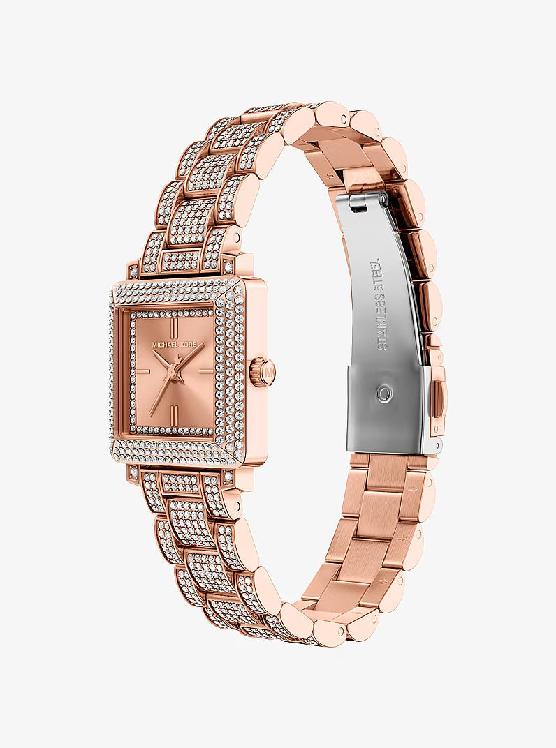 Angled view of Petite Gwynn pavé rose gold watch showing case profile and bracelet detail