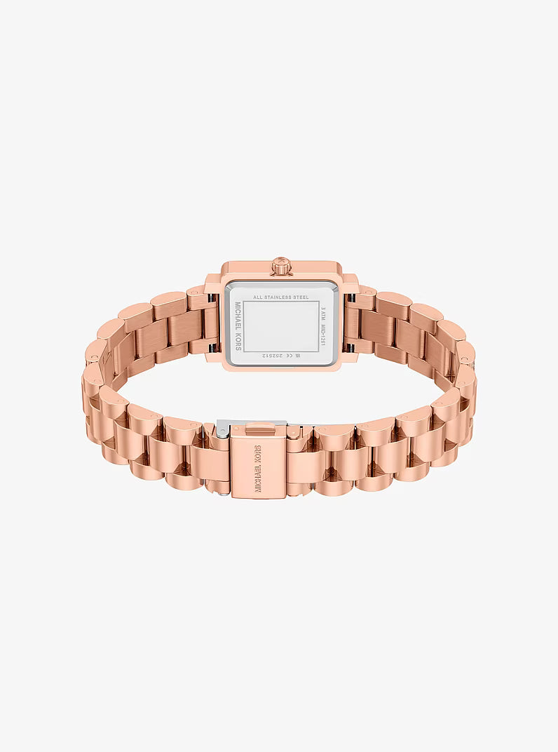 Overhead view of Petite Gwynn rose gold watch displaying square case and link bracelet