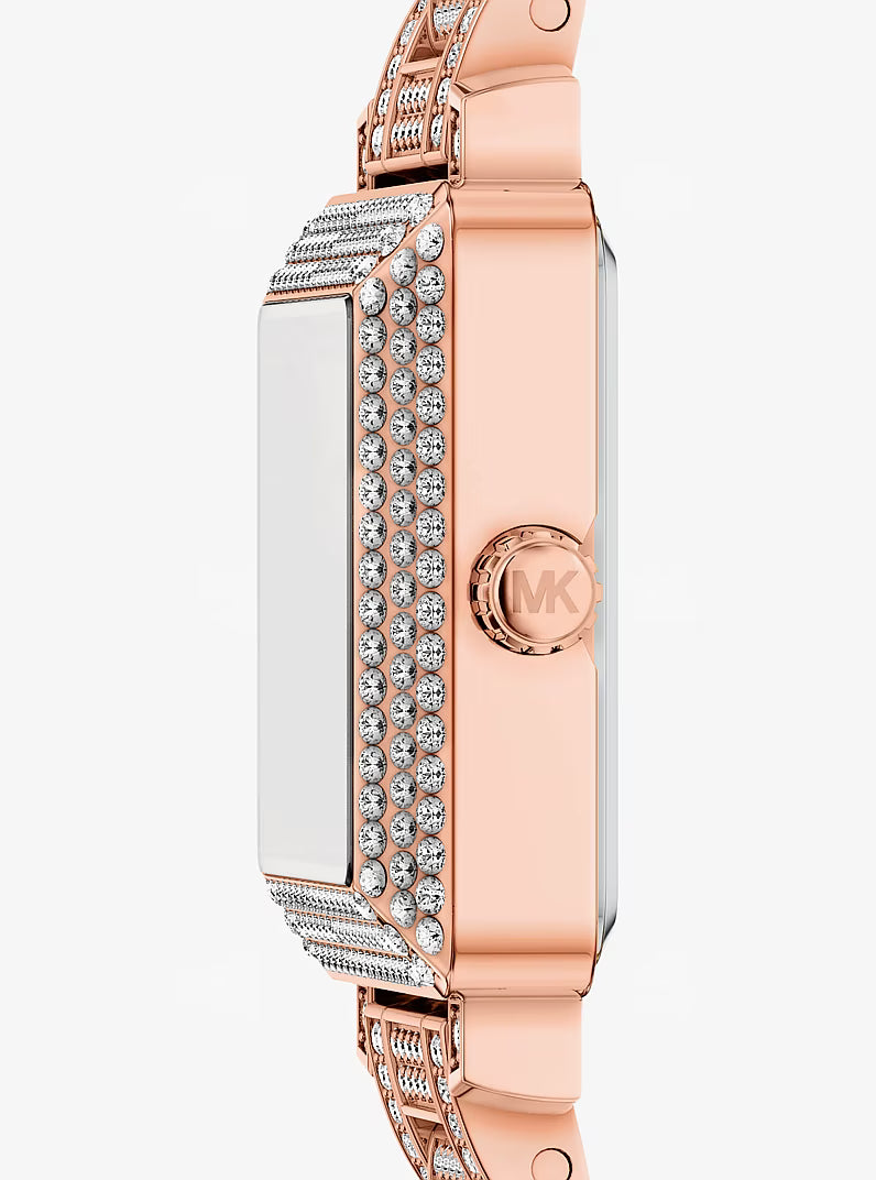 Side view of Petite Gwynn watch showing crystal-paved case edge and rose gold bracelet