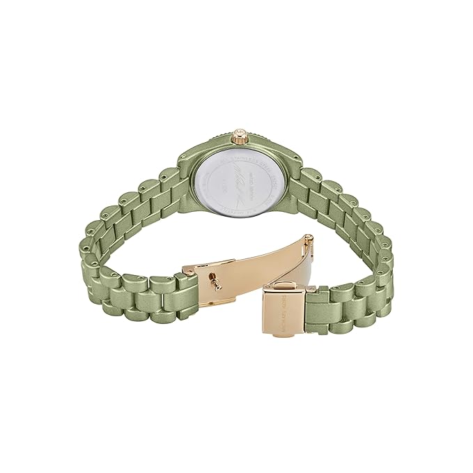 Back view of Michael Kors Petite Lexington watch showing caseback and green-tone bracelet clasp