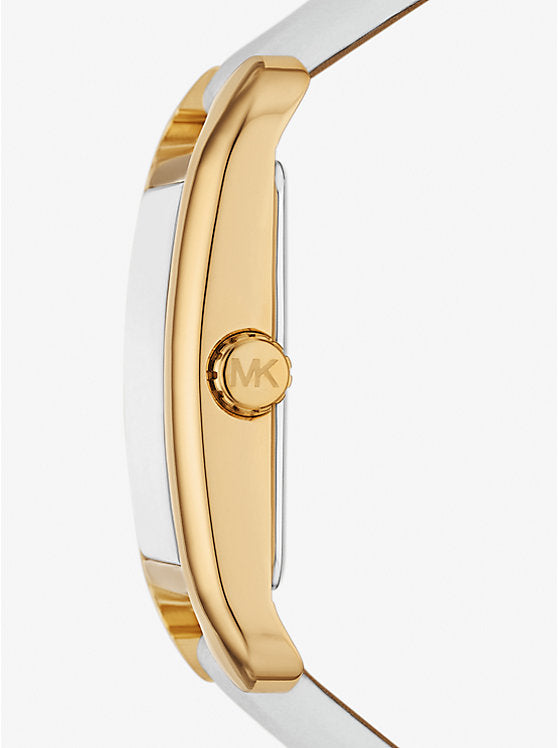 Side view of Michael Kors Petite watch showing gold-tone case profile and white leather strap