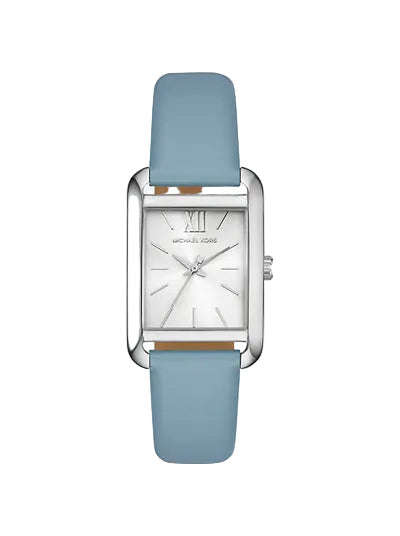 Michael Kors Petite Monroe silver-tone watch with rectangular case, white dial, and blue leather strap