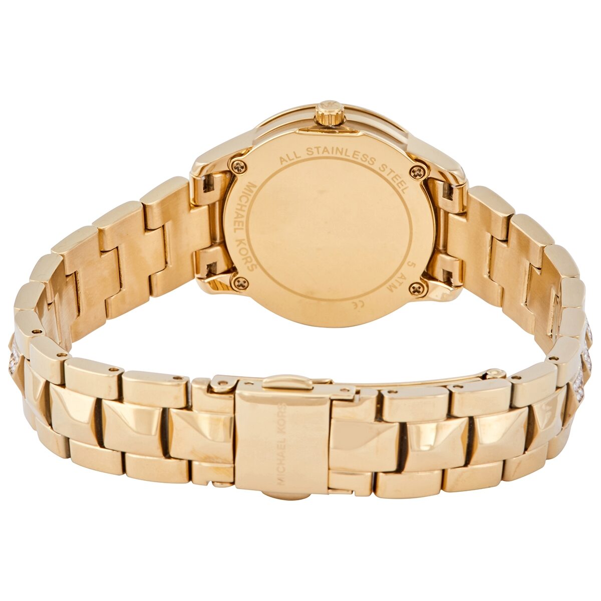 Gold-tone stainless steel case back of Michael Kors Petite Runway Mercer watch