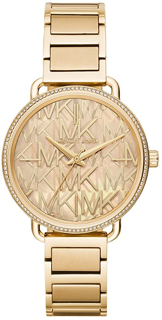 Michael Kors Portia gold tone women's watch with crystal bezel and MK patterned dial