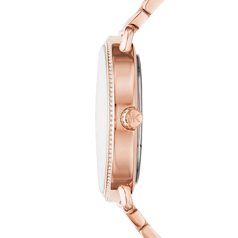 Side profile of Michael Kors Portia watch showing rose gold case and matching bracelet