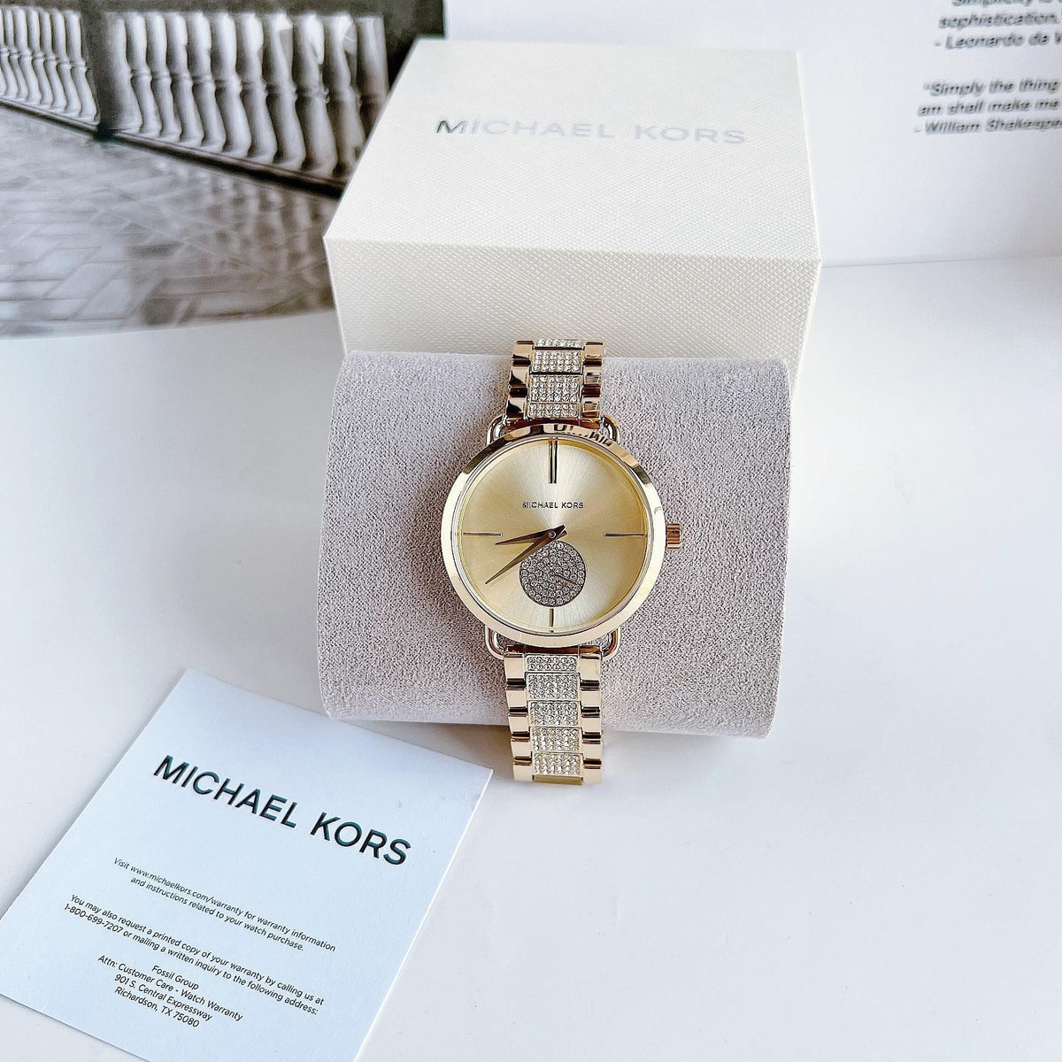 Michael Kors Portia gold-tone watch in original box with documentation