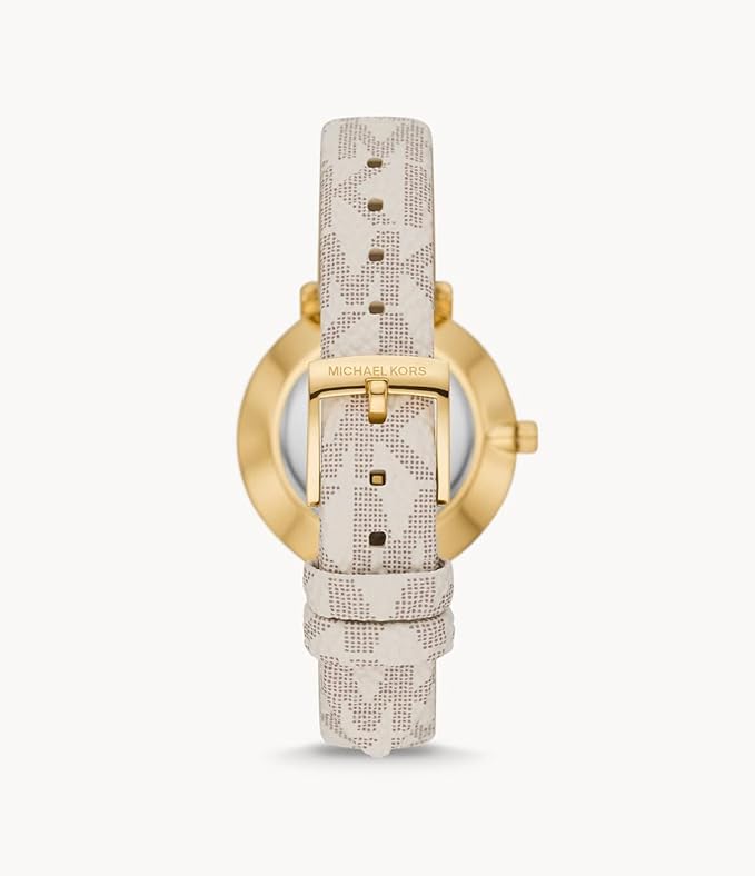 Back view of Michael Kors Pyper watch showing gold case with crystal bezel and monogram strap detail