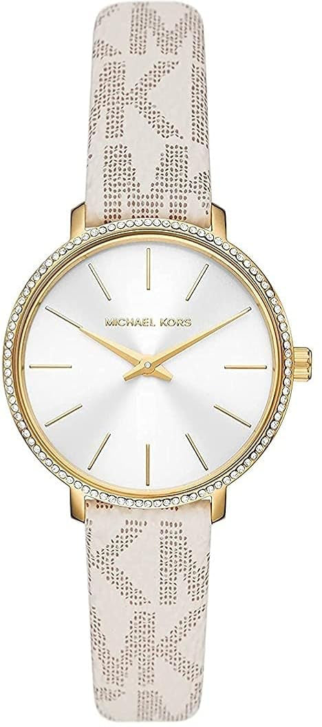 Michael Kors Pyper women's watch with white dial and gold-tone case on signature monogram strap