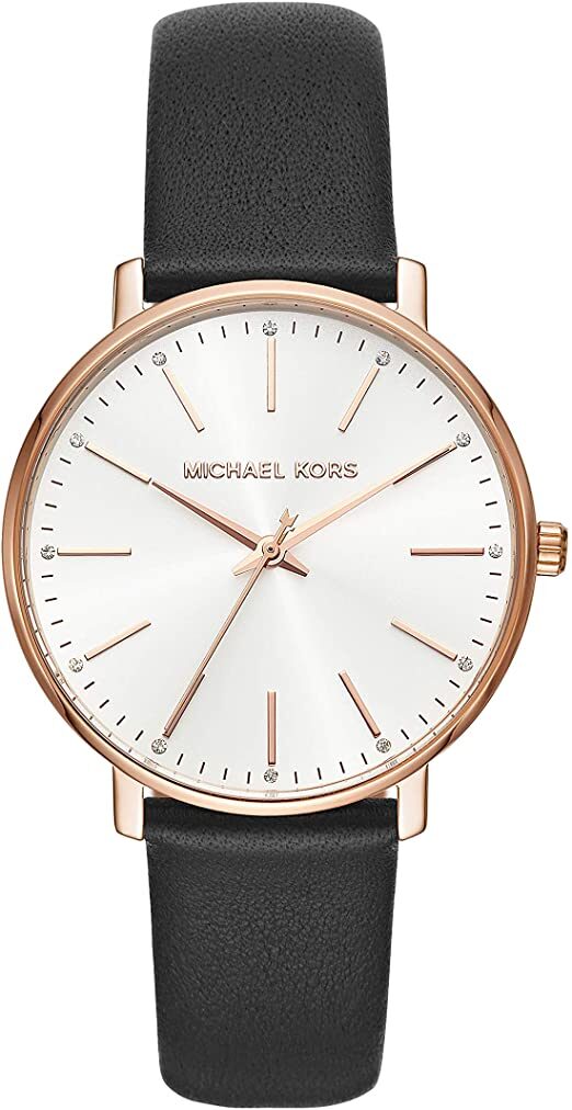Michael Kors Pyper watch with white dial, rose gold case, and black leather strap