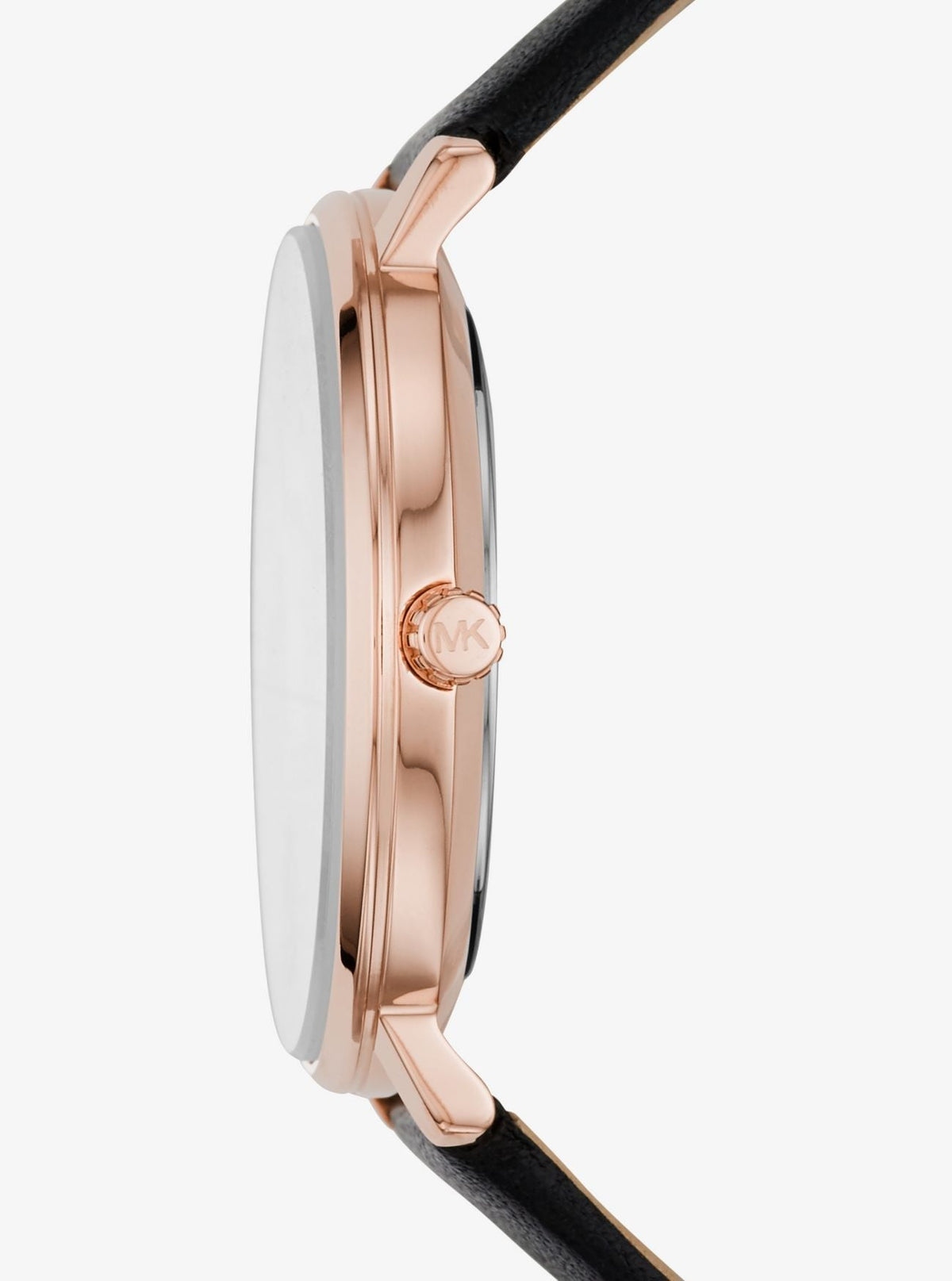 Side view of Michael Kors Pyper watch showing rose gold case profile and black leather strap