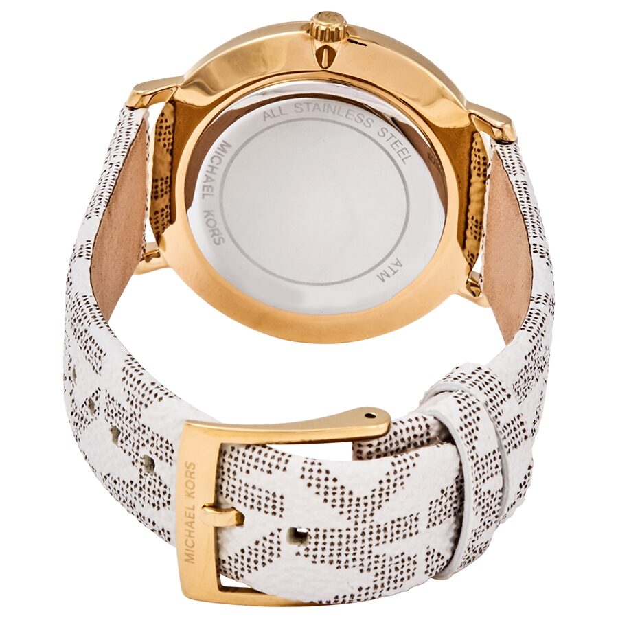 Michael Kors Pyper caseback showing stainless steel with white canvas strap and buckle