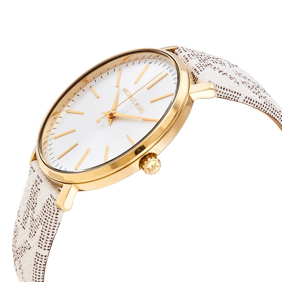 Side angle view of Michael Kors Pyper watch showing white strap and gold case profile