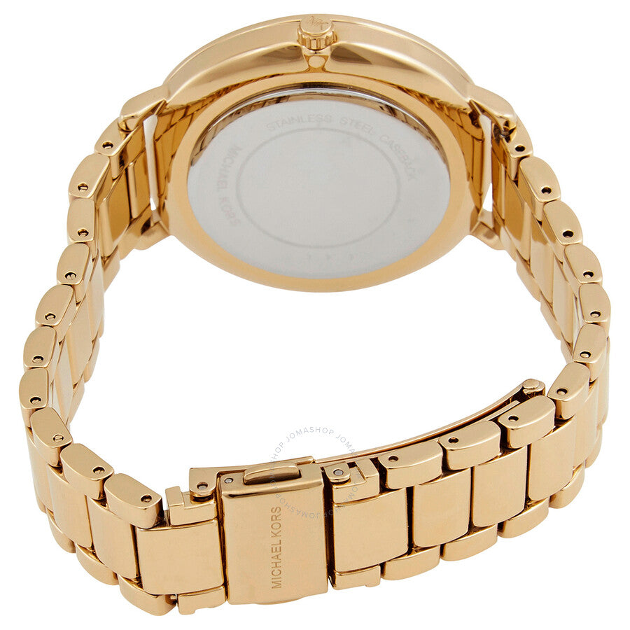 Michael Kors Pyper watch caseback showing gold-tone case and link bracelet