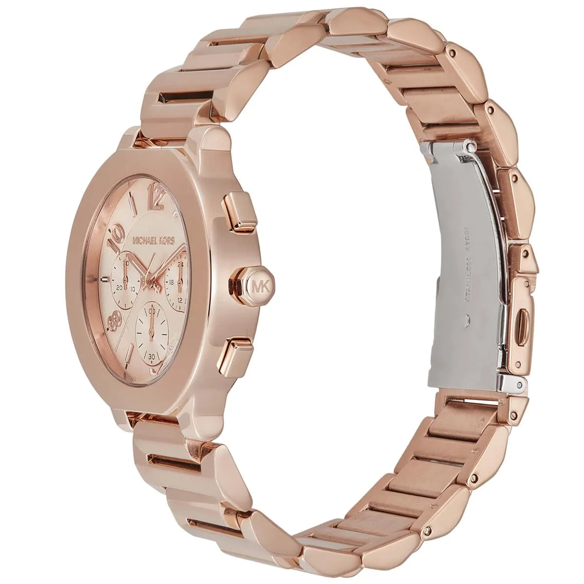 Michael Kors Pyper MK7521 watch angled view showing rose gold case and metal bracelet
