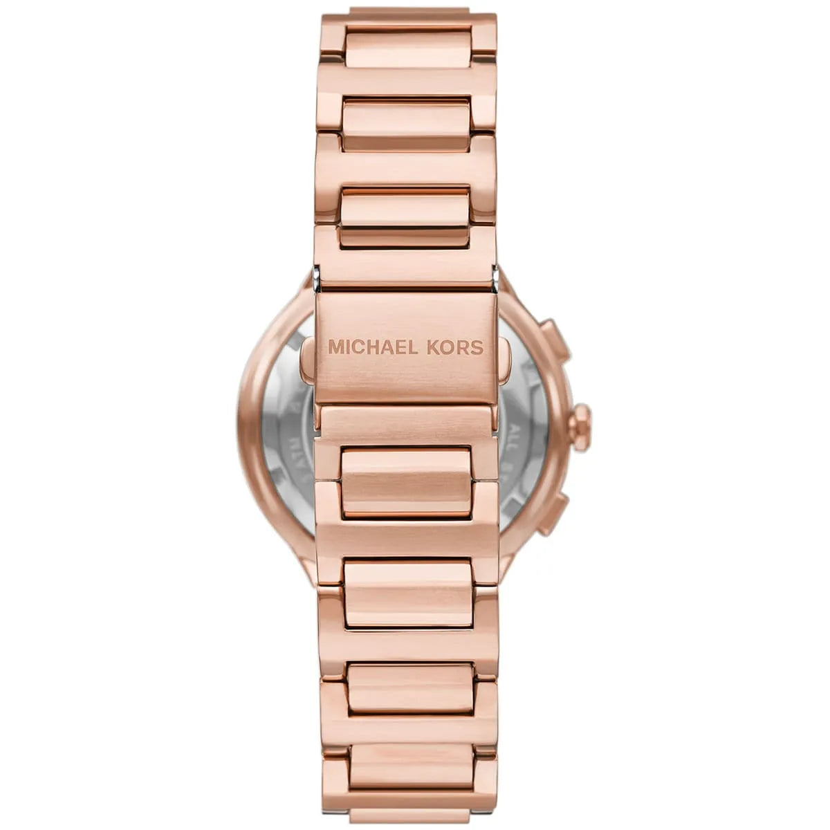 Michael Kors Pyper MK7521 watch caseback showing rose gold metal bracelet and strap