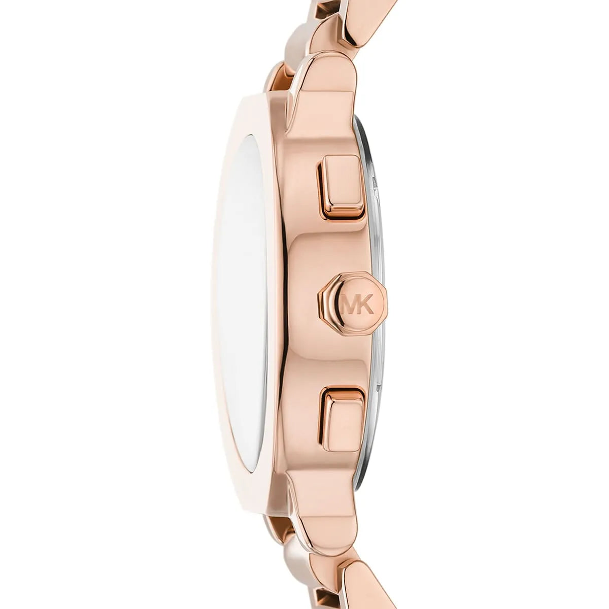 Michael Kors Pyper MK7521 watch side profile with rose gold chronograph pushers and bracelet
