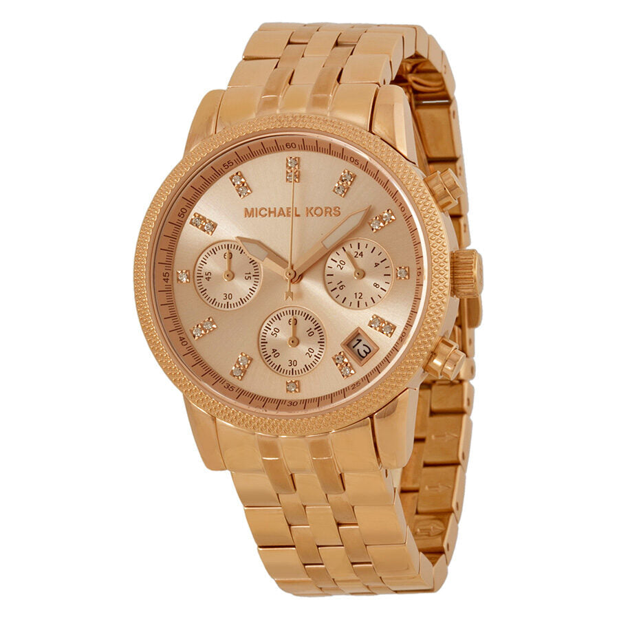 Michael Kors Ritz MK6077 rose gold chronograph women's watch with three subdials and rose gold bracelet