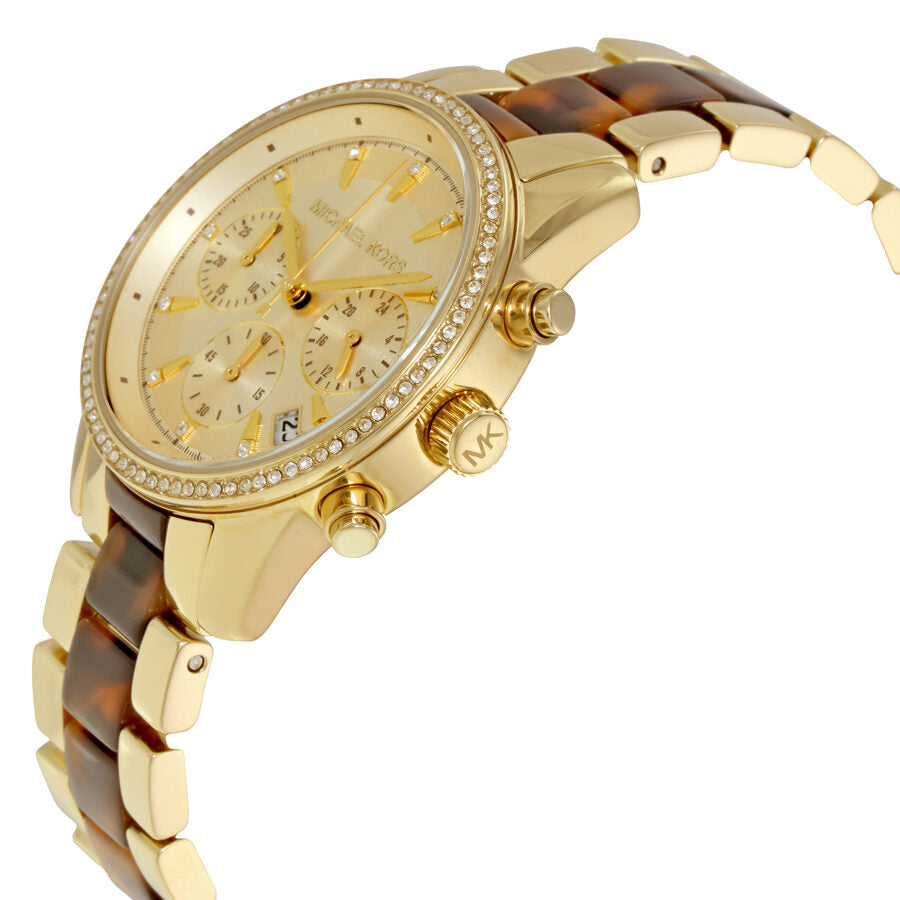 Michael Kors Ritz chronograph watch shown at angle displaying case, dial with subdials, and mixed metal tortoise gold bracelet