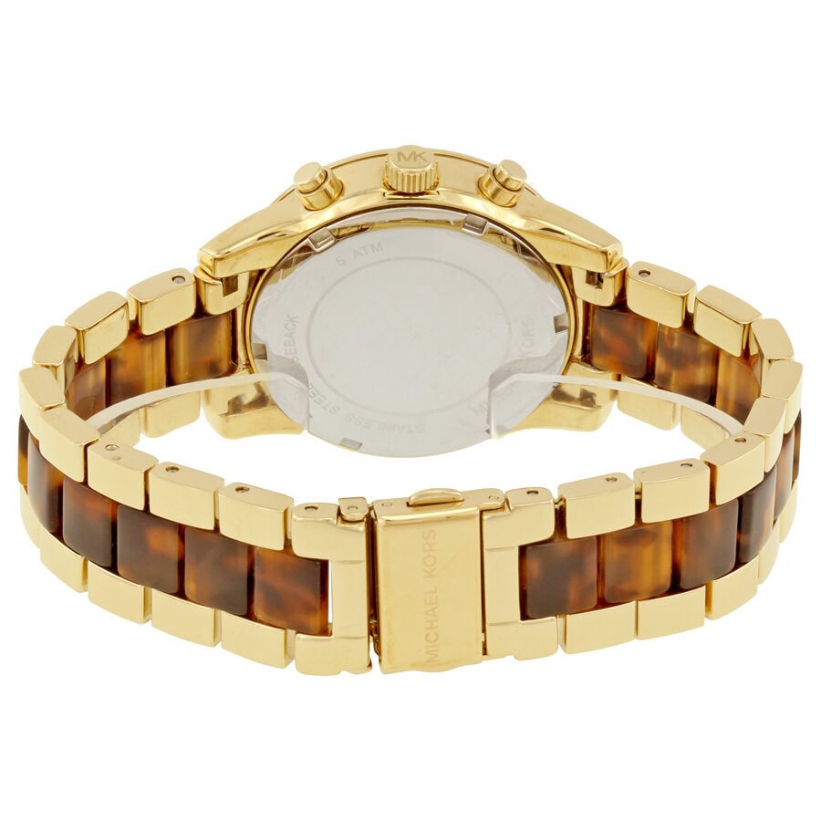 Michael Kors Ritz watch caseback view showing gold-tone case, tortoise shell acetate and gold-tone bracelet
