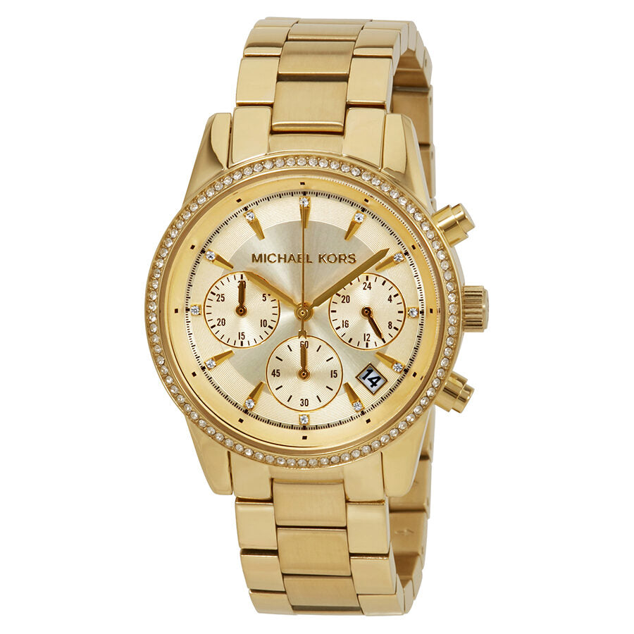 Michael Kors Ritz gold-tone chronograph watch with diamond bezel and champagne dial