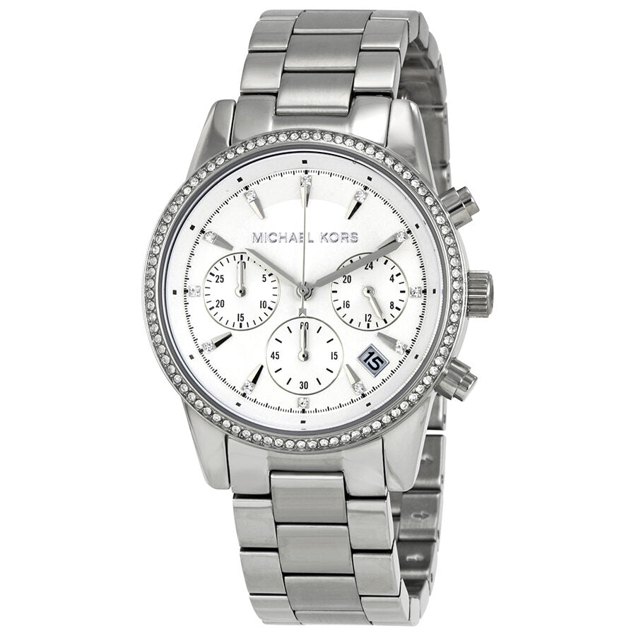 Michael Kors Ritz chronograph watch with white dial, silver-tone case, and crystal bezel