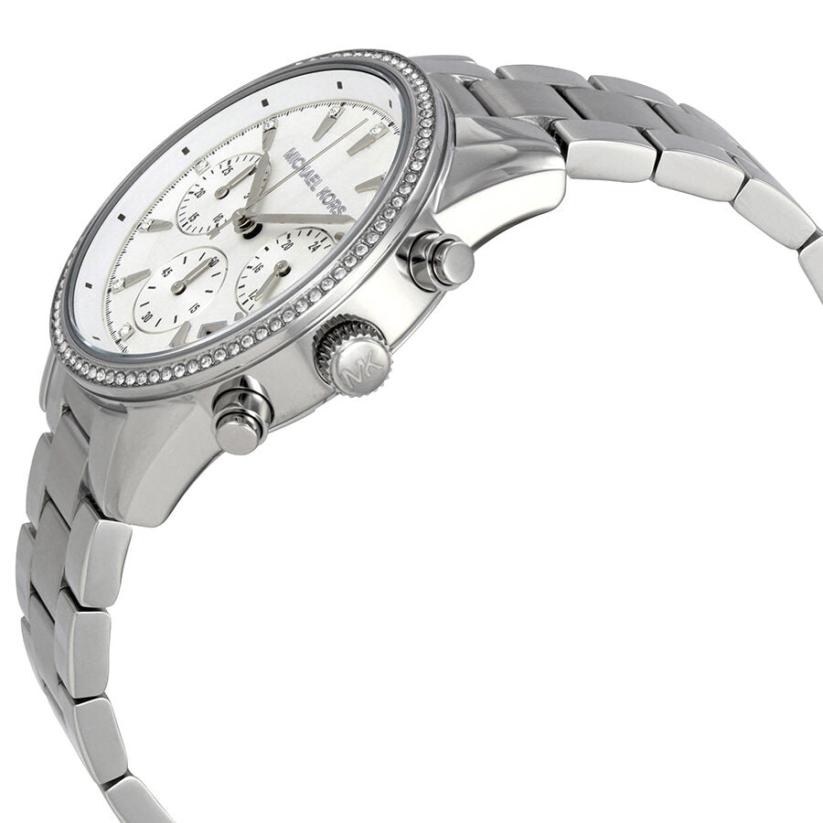 Side angle view of Michael Kors Ritz watch showing silver-tone bracelet and chronograph subdials