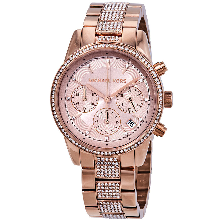 Michael Kors Ritz Pave chronograph watch with rose gold-tone case, crystal-paved bezel and band, pink dial with subdials