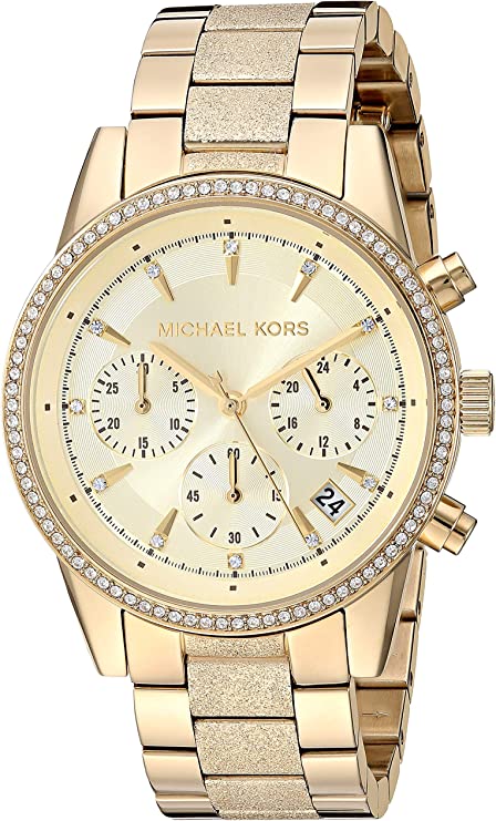 Michael Kors Ritz chronograph watch with gold tone bracelet, crystal bezel, and three subdials