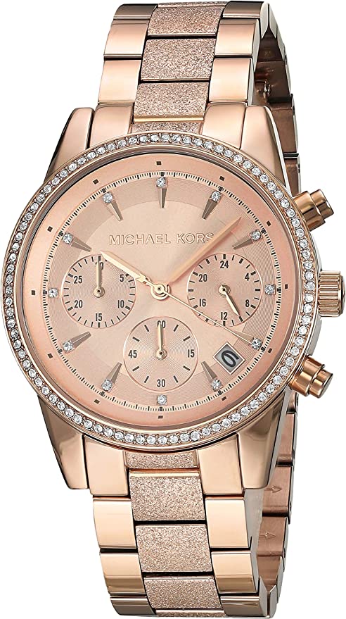 Michael Kors Ritz rose gold chronograph watch with crystal bezel and mixed metal bracelet
