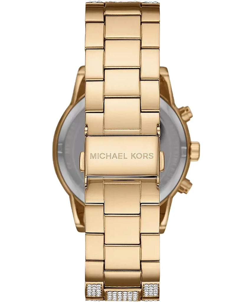 Caseback view showing gold-tone bracelet and Michael Kors engraving
