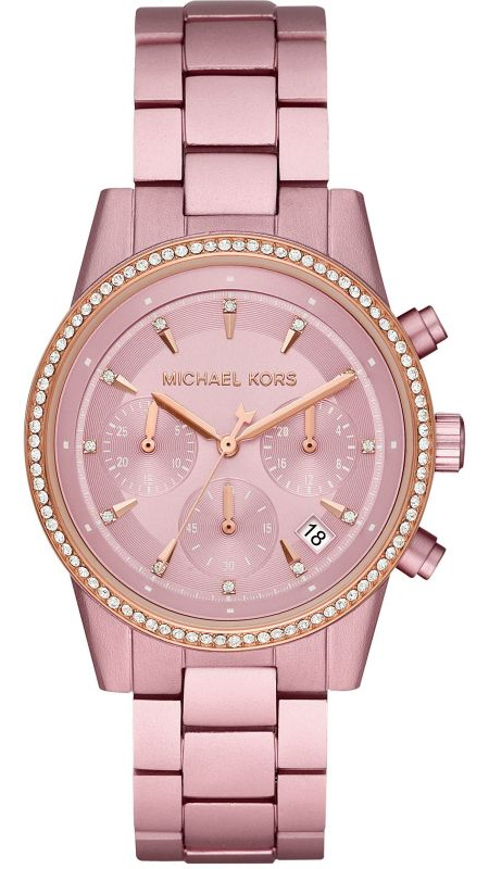 Michael Kors Ritz pink chronograph watch with crystal bezel and link bracelet