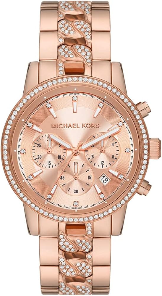 Michael Kors Ritz Pavé rose gold-tone women's chronograph watch with crystal-set bezel and curb chain bracelet