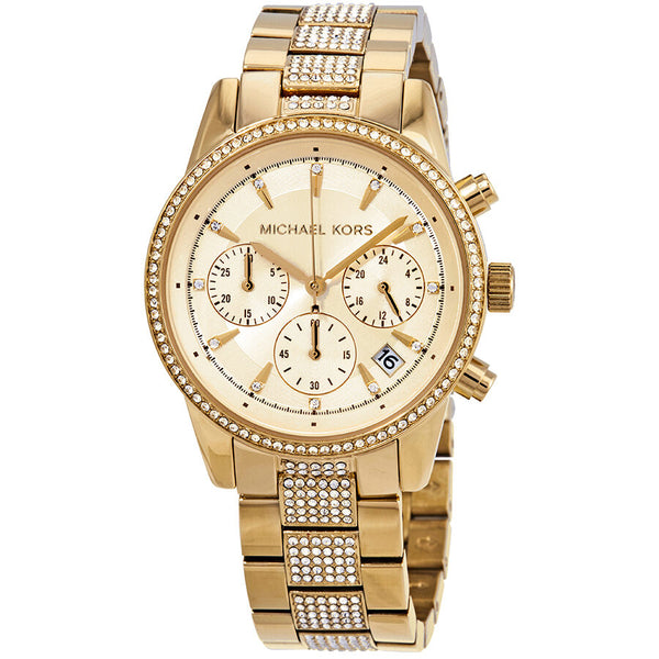 Michael Kors Ritz Pave Chronograph Crystal Gold Dial Ladies Watch MK6484 - Watches of New Zealand