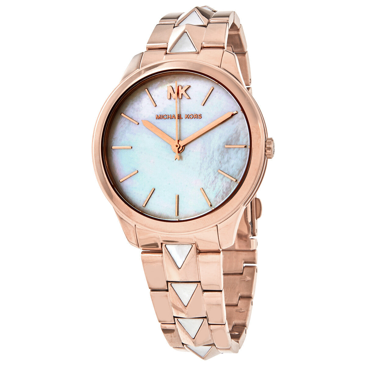 Michael Kors Runway Mercer rose gold watch with white mother-of-pearl dial and pyramid stud bracelet