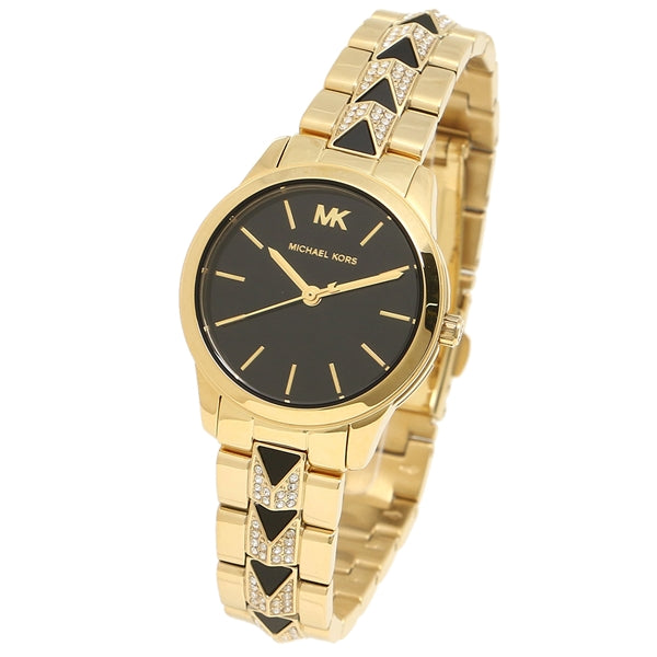 Side angle view of Michael Kors Runway Mercer watch with pyramid stud bracelet detail