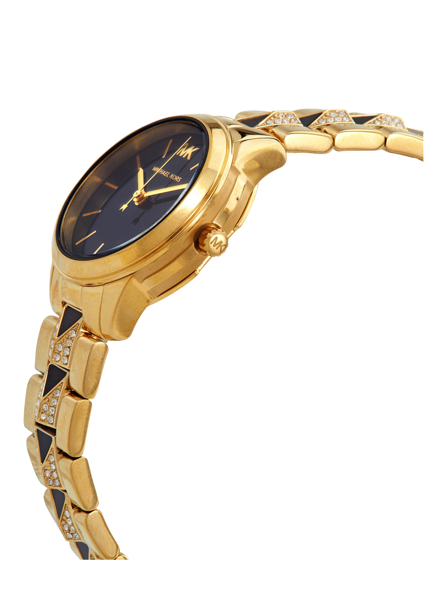 Side profile of Michael Kors Runway Mercer watch showing dial depth and stud bracelet