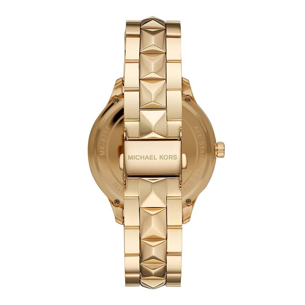 Michael Kors Runway Mercer watch caseback showing gold-tone case with Michael Kors branding and studded bracelet