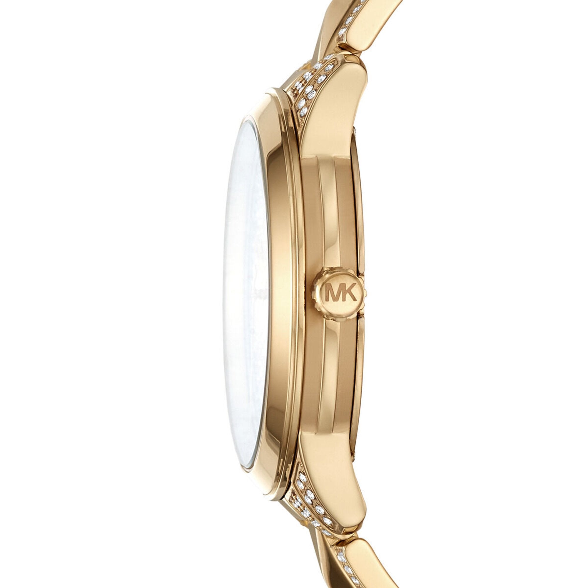 Michael Kors Runway Mercer watch side profile showing case depth and crystal paved bracelet