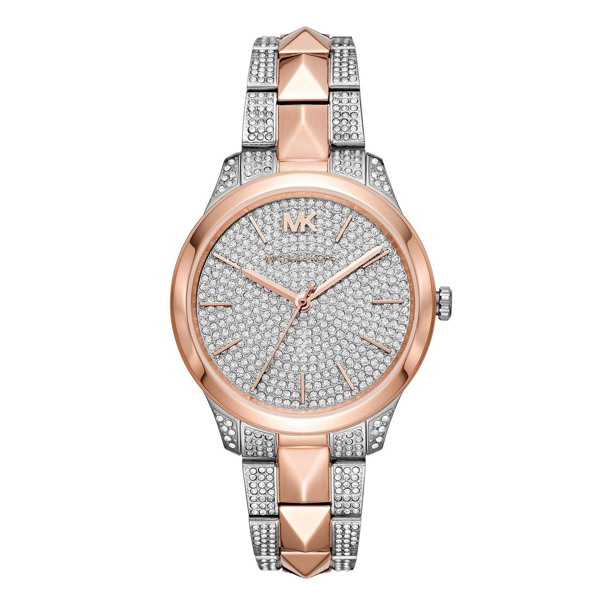 Michael Kors Runway Mercer two-tone women's watch with crystal-studded dial and rose gold and silver bracelet