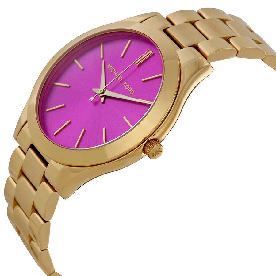 Side angle view of Michael Kors Runway pink dial gold women's watch