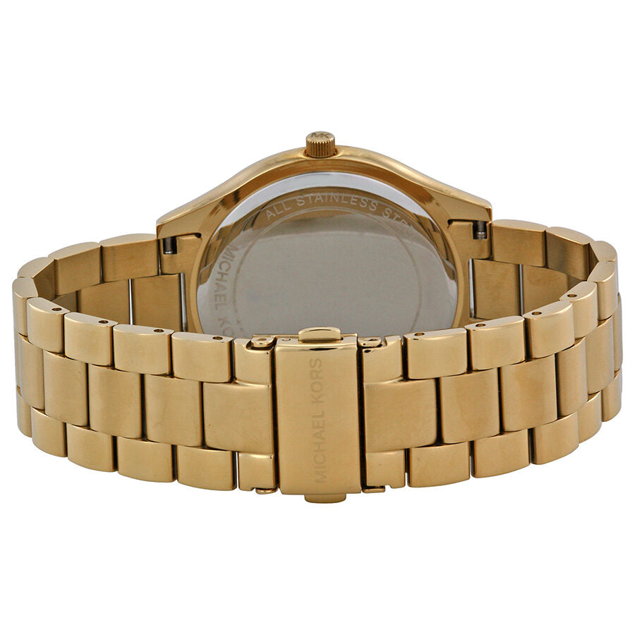Michael Kors Runway watch caseback showing stainless steel bracelet detail