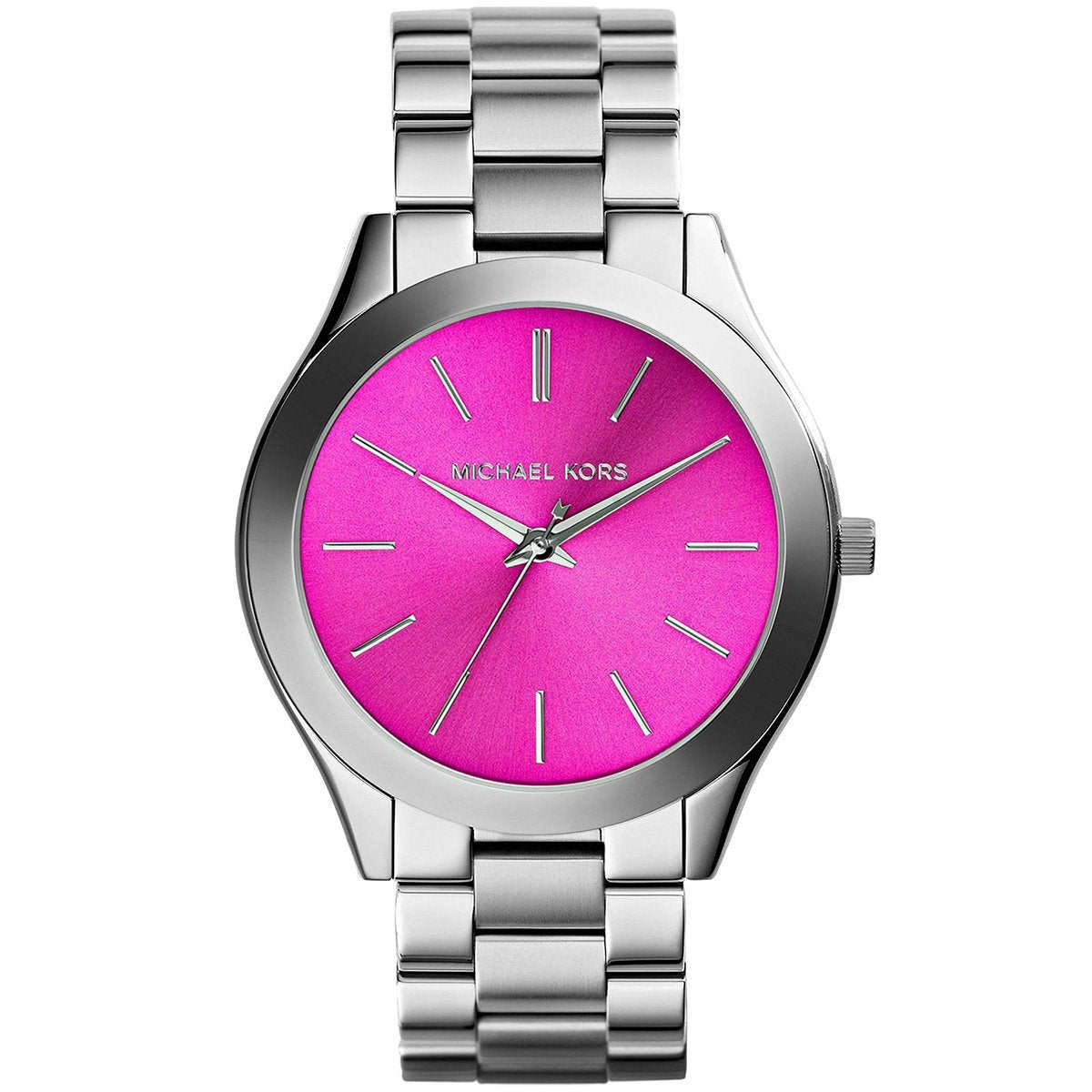 Michael Kors Runway women's watch with silver case and bracelet, bright purple dial