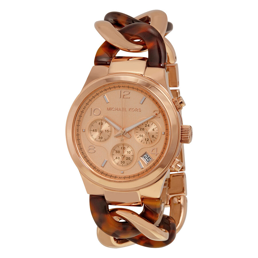 Michael Kors Runway rose gold chronograph watch with tortoise and rose gold twist chain link strap