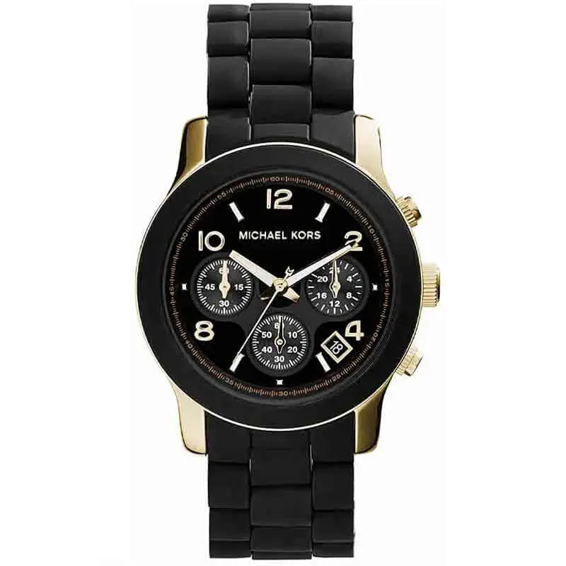 Michael Kors Runway Chronograph watch with black dial, gold-tone case and black rubber strap
