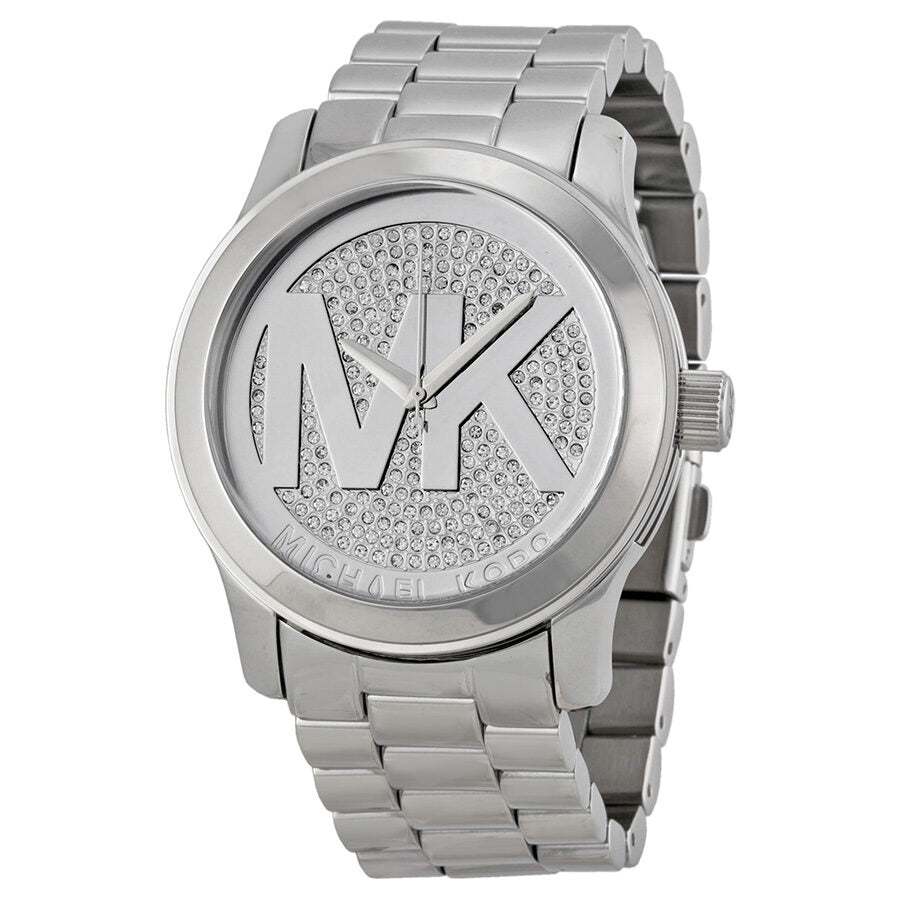 Michael Kors Runway silver-tone women's watch with crystal pave dial and MK logo