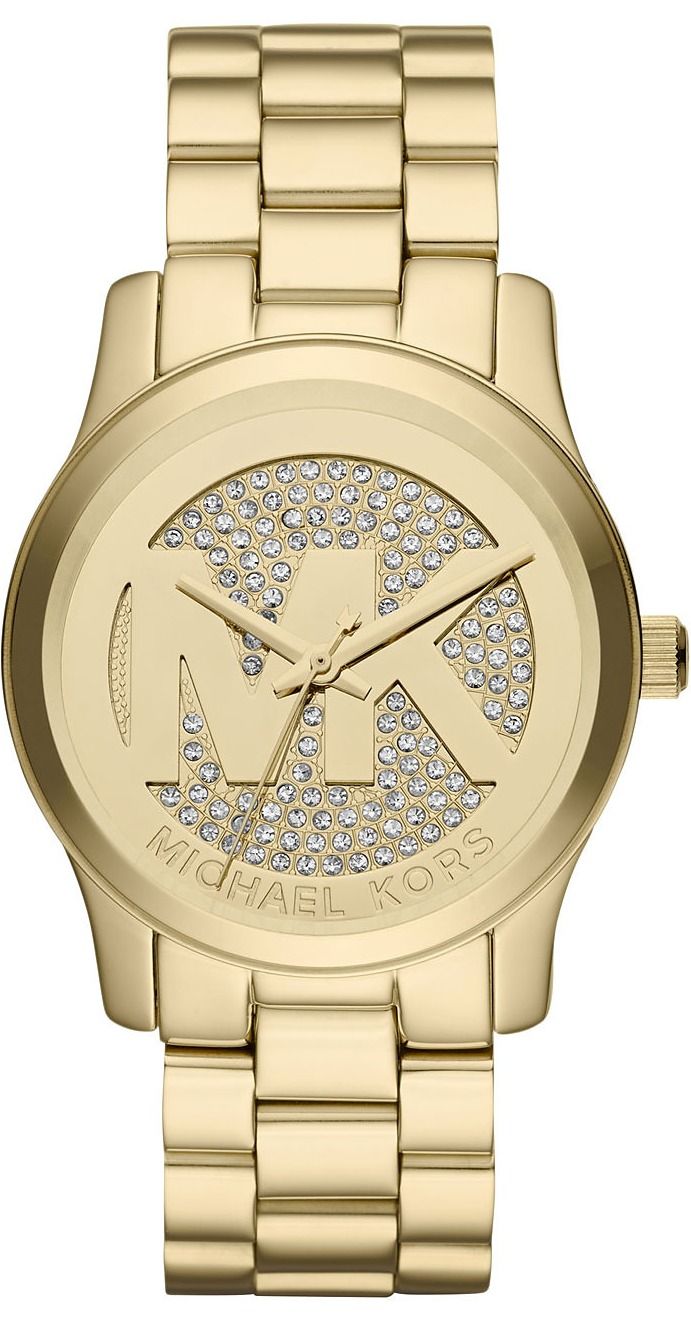 Michael Kors Runway gold tone women's watch with crystal-studded dial and matching bracelet
