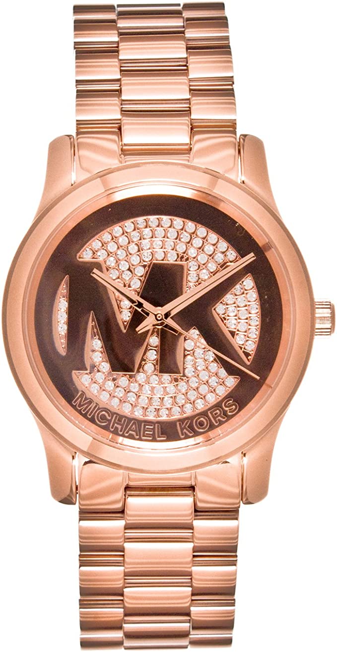 Michael Kors Runway rose gold women's watch with crystal-adorned dial and matching rose gold bracelet