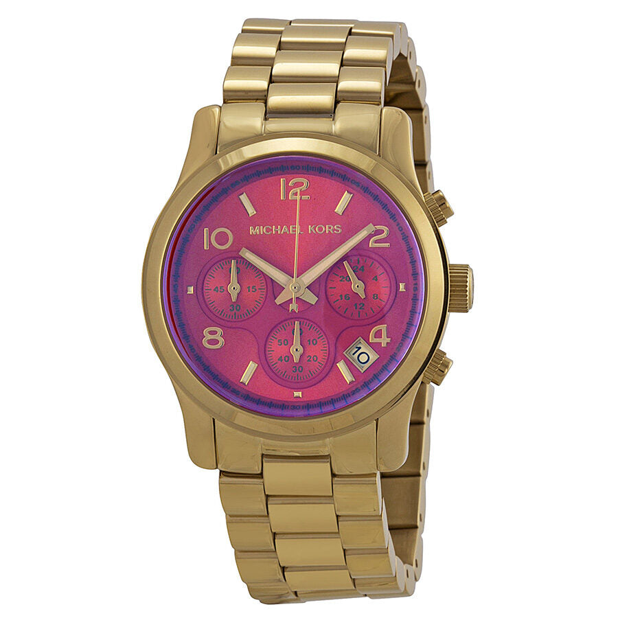 Michael Kors Runway chronograph watch with iridescent pink dial and gold-tone case