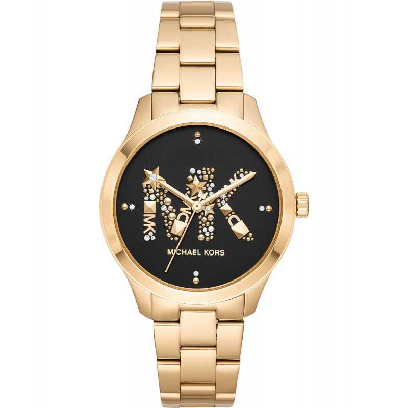 Michael Kors Runway women's watch with gold case, black dial, and gold MK logo with crystal details